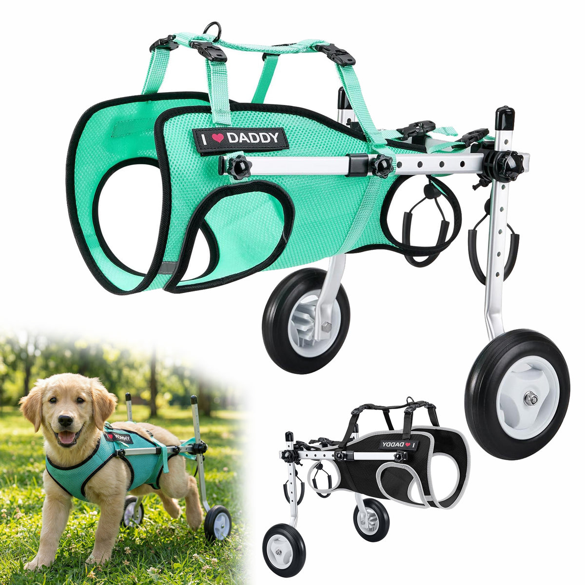 SDPT01 dog mobility wheelchair shown with a puppy using it outdoors and a black color option.