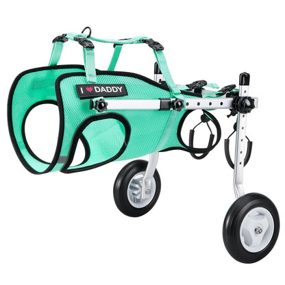 SDPT01 mobility wheelchair for dogs with mint green mesh harness and rear wheels.