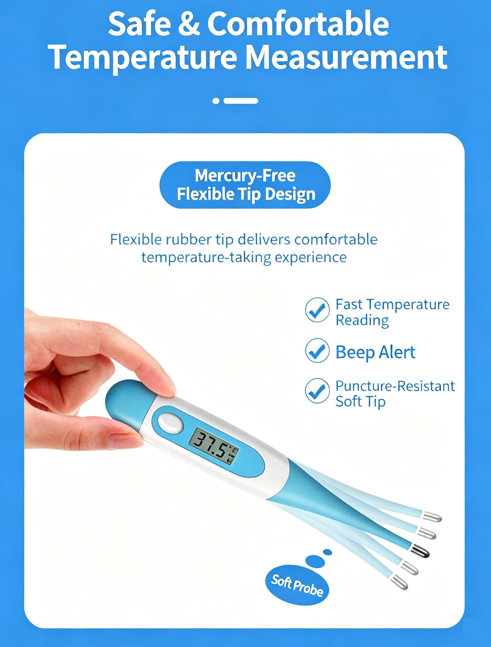 SDYA218S digital pet thermometer held in hand, mercury-free flexible tip design.