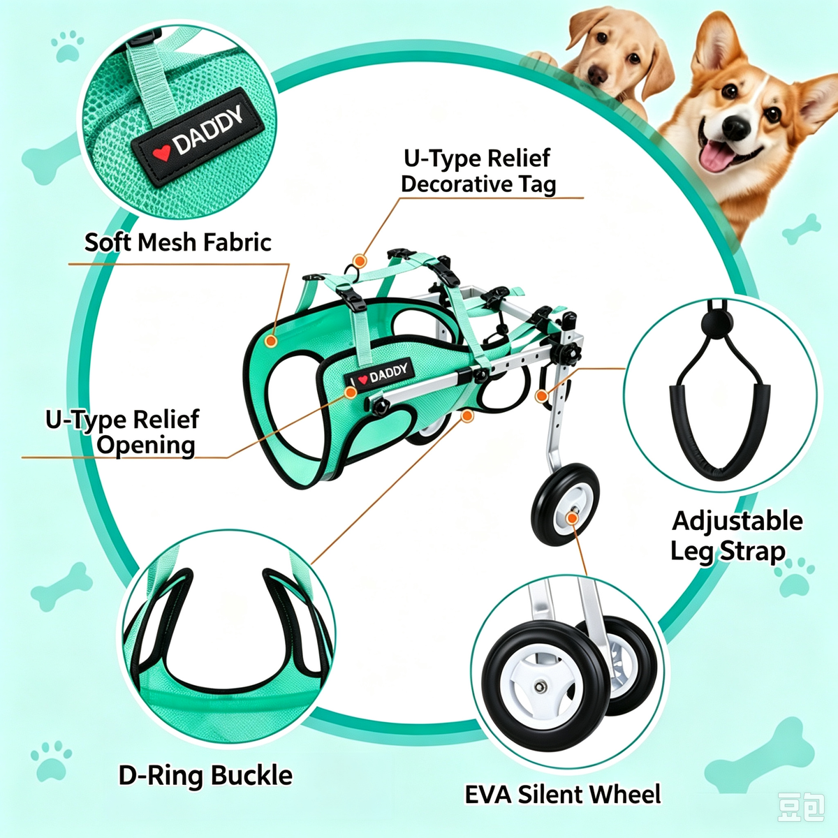 SDPT01 dog wheelchair features: soft mesh fabric, D-ring buckle, EVA silent wheels and adjustable leg straps.