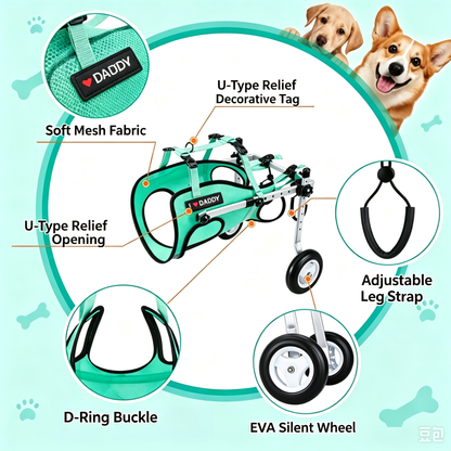 SDPT01 dog wheelchair features: soft mesh fabric, D-ring buckle, EVA silent wheels and adjustable leg straps.