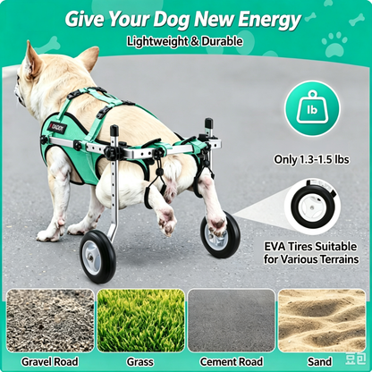 SDPT01 dog wheelchair worn by a French Bulldog, showing EVA tires for gravel, grass, cement and sand terrain.