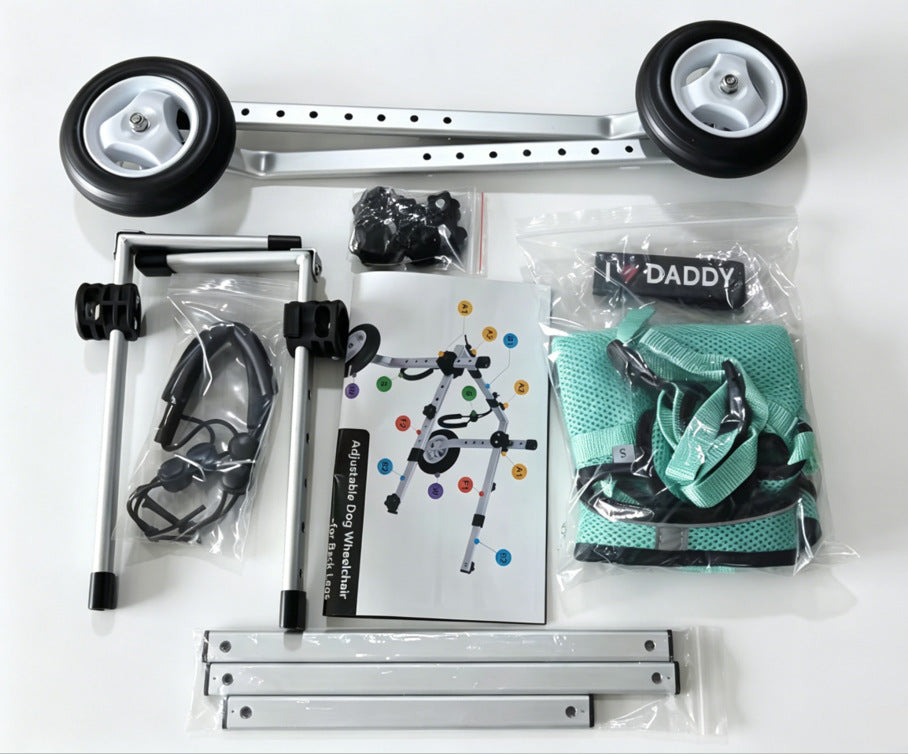 SDPT01 dog wheelchair kit disassembled with wheels, frame parts, mesh harness and assembly manual.
