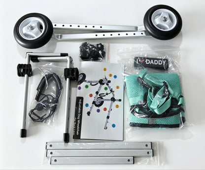 SDPT01 dog wheelchair kit disassembled with wheels, frame parts, mesh harness and assembly manual.