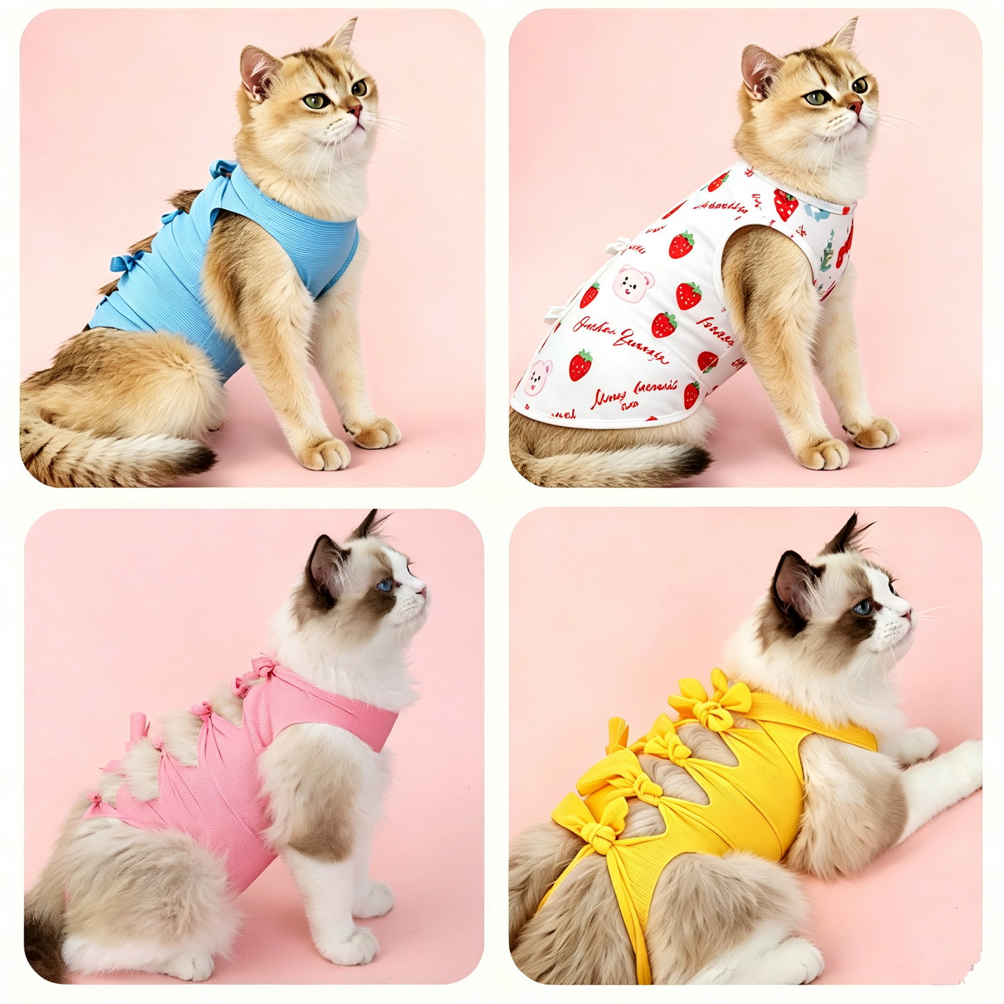 Breathable pet recovery suits in blue, printed white, pink and yellow worn by cats.