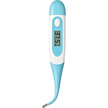 Digital pet thermometer with flexible tip for dogs and cats.
