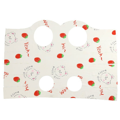 Breathable pet recovery suit in cream with strawberry and teddy bear pattern.
