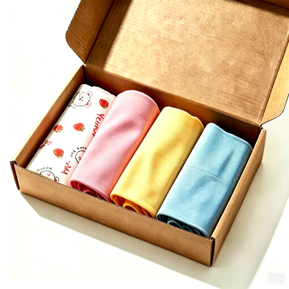Breathable pet recovery suit 4-piece set in a packing box with pink, yellow, blue and printed rolls.