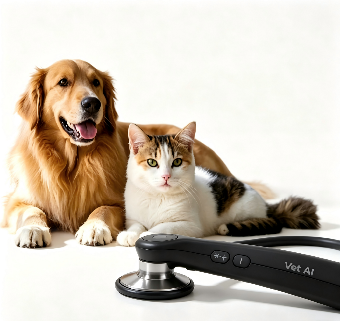 AI Smart Stethoscope SDVTCP01 with a Golden Retriever and a cat, showcasing the Vet AI design.