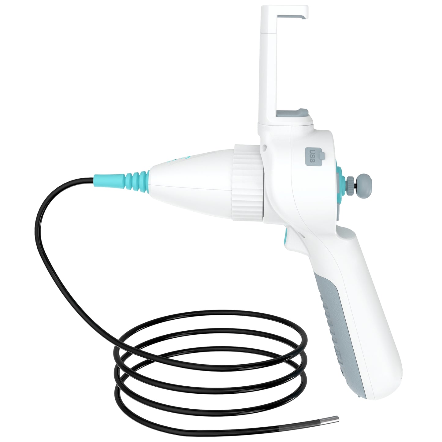 SI LITE veterinary endoscope rear view showing joystick, USB port and smartphone mount.