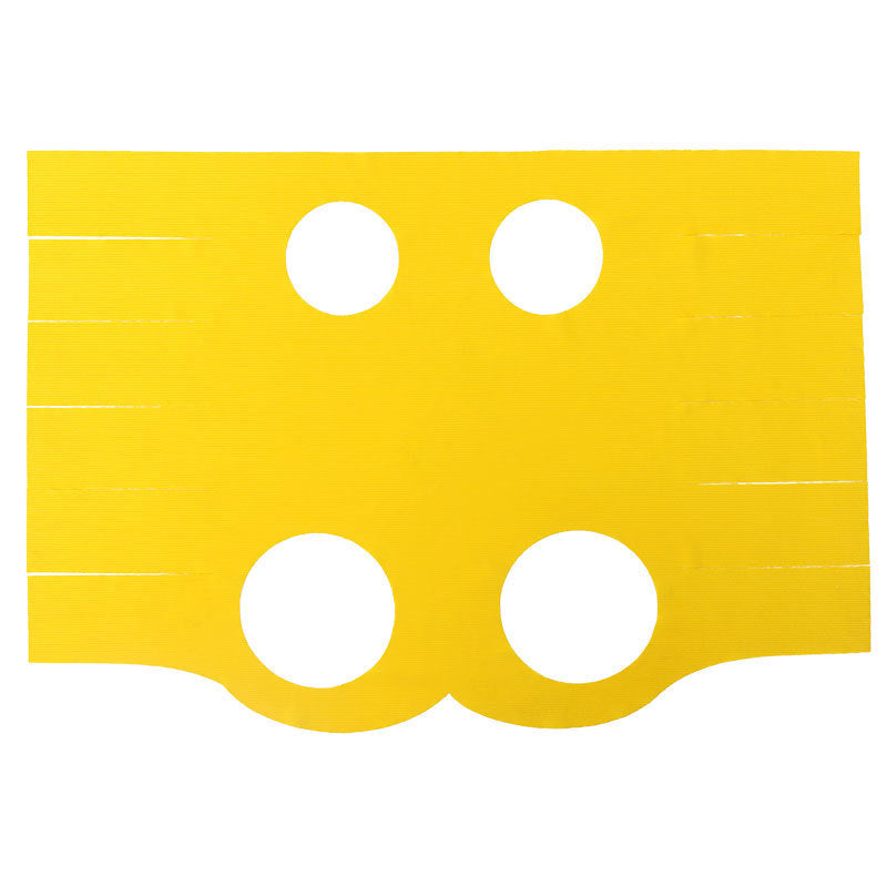 Breathable pet recovery suit in yellow, laid flat showing leg openings and side ties.