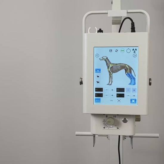 SDVTBX01 portable mobile X-ray machine with touchscreen showing a canine skeletal imaging interface.