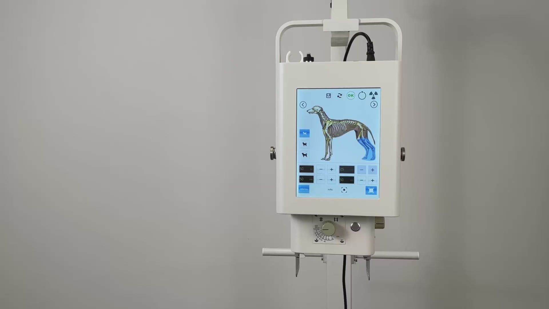 SDVTBX01 portable mobile X-ray machine with touchscreen showing a canine skeletal imaging interface.