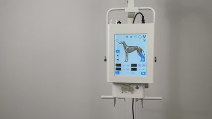 SDVTBX01 portable mobile X-ray machine with touchscreen showing a canine skeletal imaging interface.